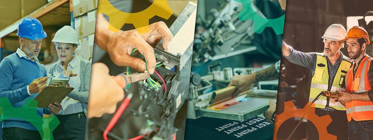 Collage mit diversen Arbeitssituationen aus Industrie und Handwerk